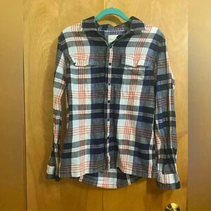 American Eagle Long Sleeve Flannel Plaid Navy and Coral EUC Size S